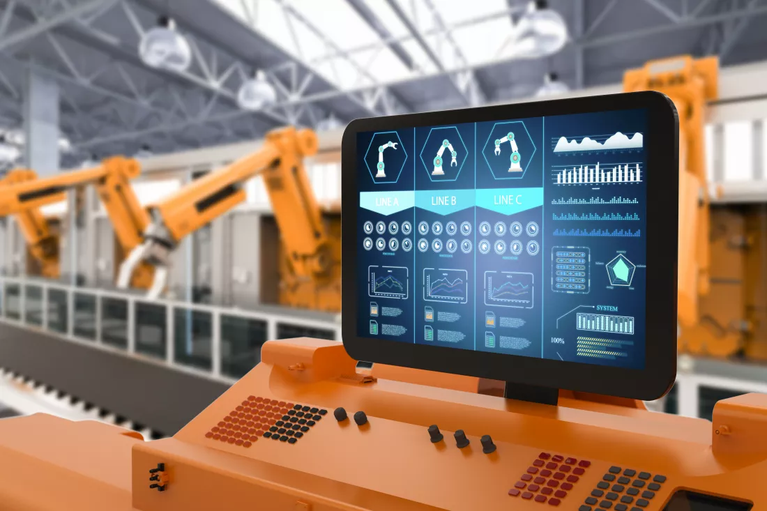 automation-factory-concept-with-3d-rendering-control-panel-screen-with-robotic-arms